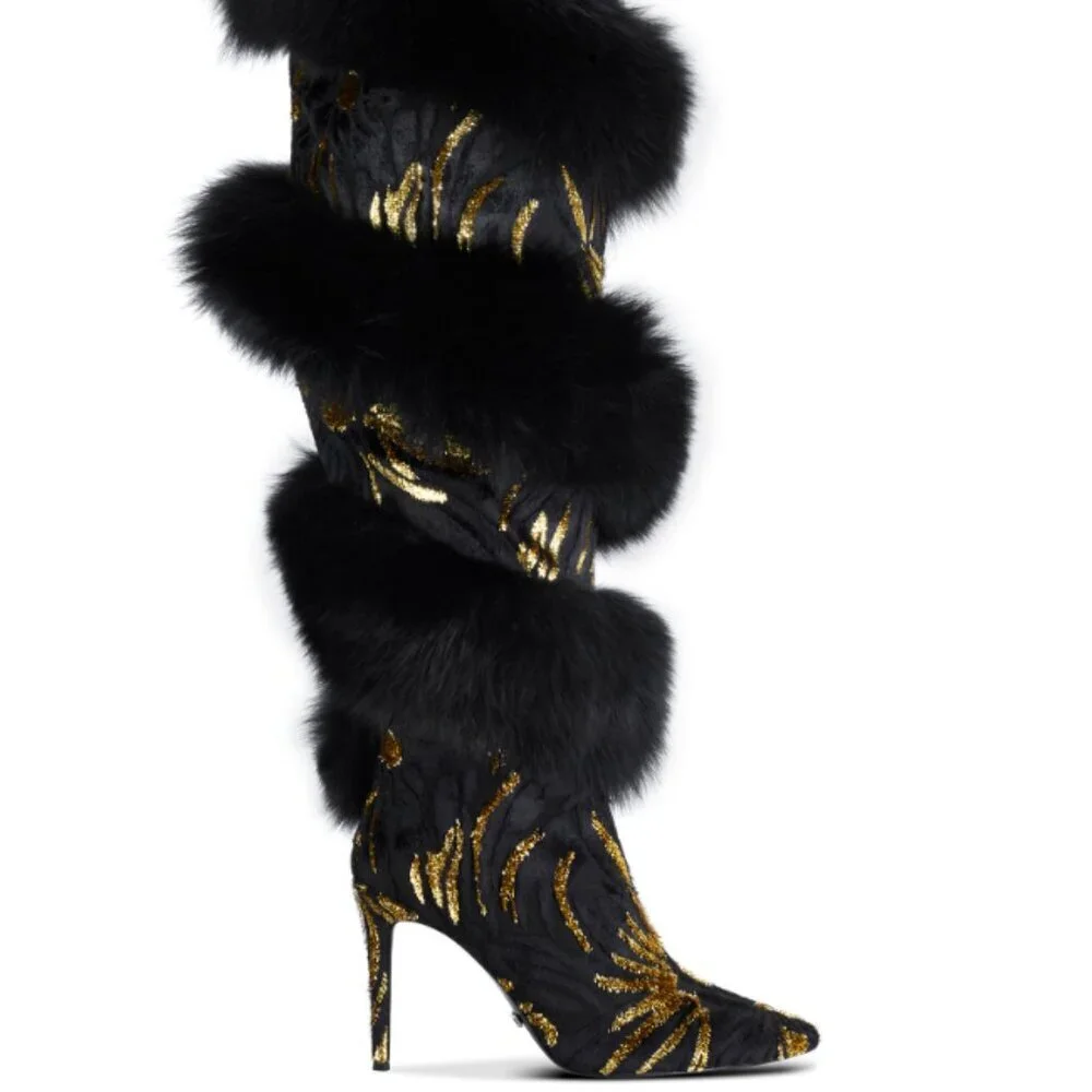 Jennifer Le BLK GLD X (RUNWAY) Thigh Boots RETAILS $1,150 REAL LEATHER & FOX FUR